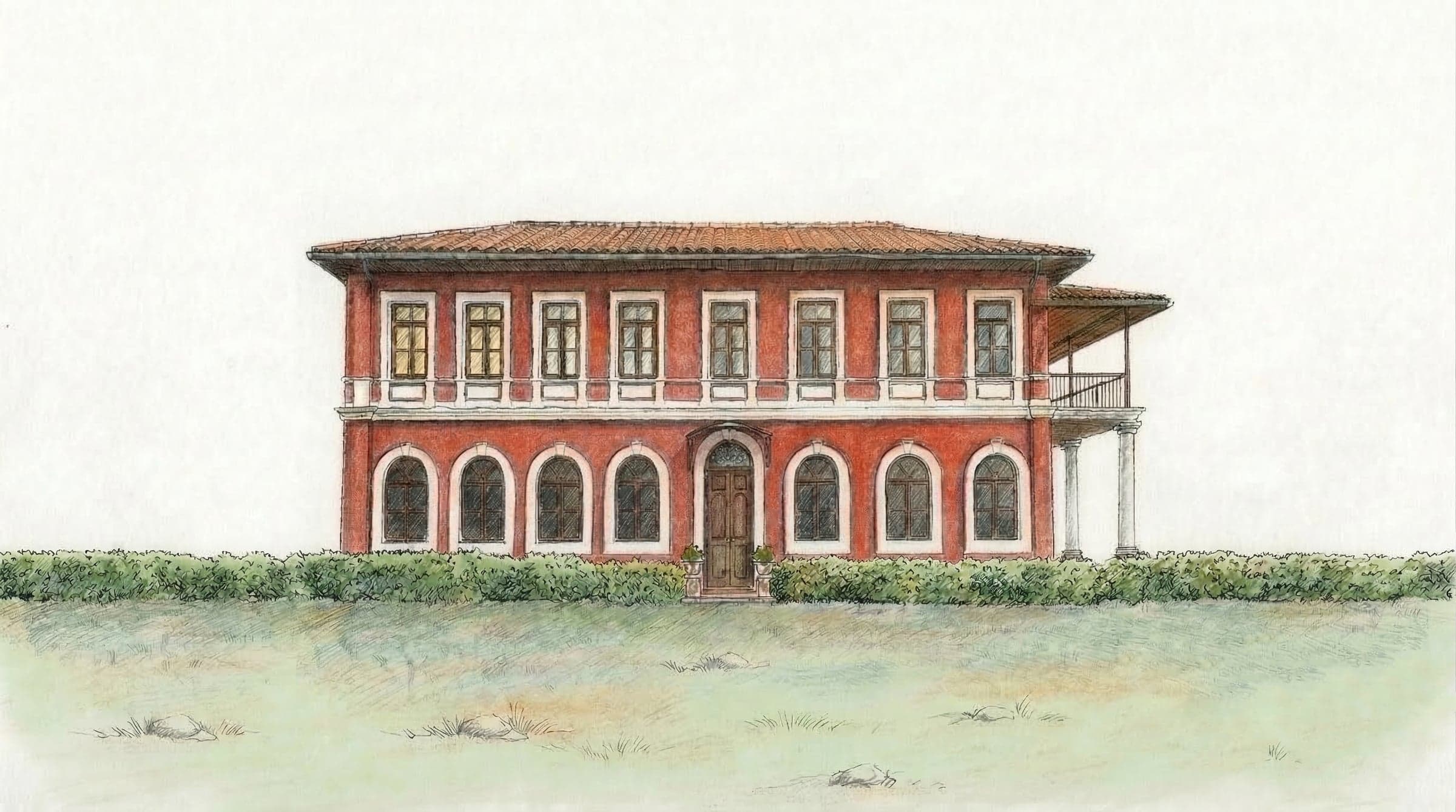 Aquarela da Fazenda Dona Catarina, com o Mocha deitado no gramado